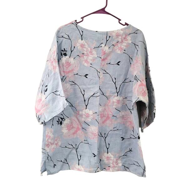 Luca Vanucci Floral Linen Blouse Size Medium Lagenlook Blossom Print Blue Pink - Picture 2 of 5